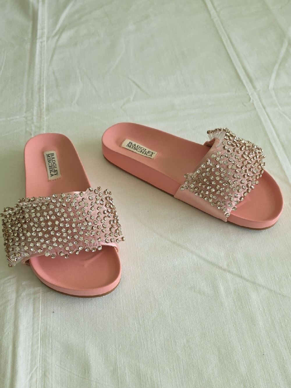 Badgley Mischka Pink Crystal-Embellished Slide Sandals
